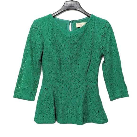 Anthropologie MOULINETTE SOEURS Green Lace Peplum Top 0 - Picture 2 of 7